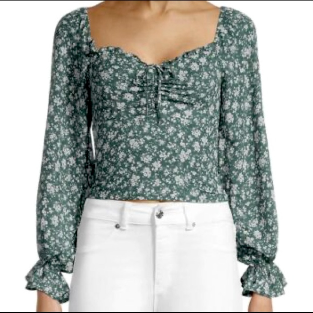 ASTR Blue Ivory Ditsy Floral Top Blouse Long Sleeve - Medium